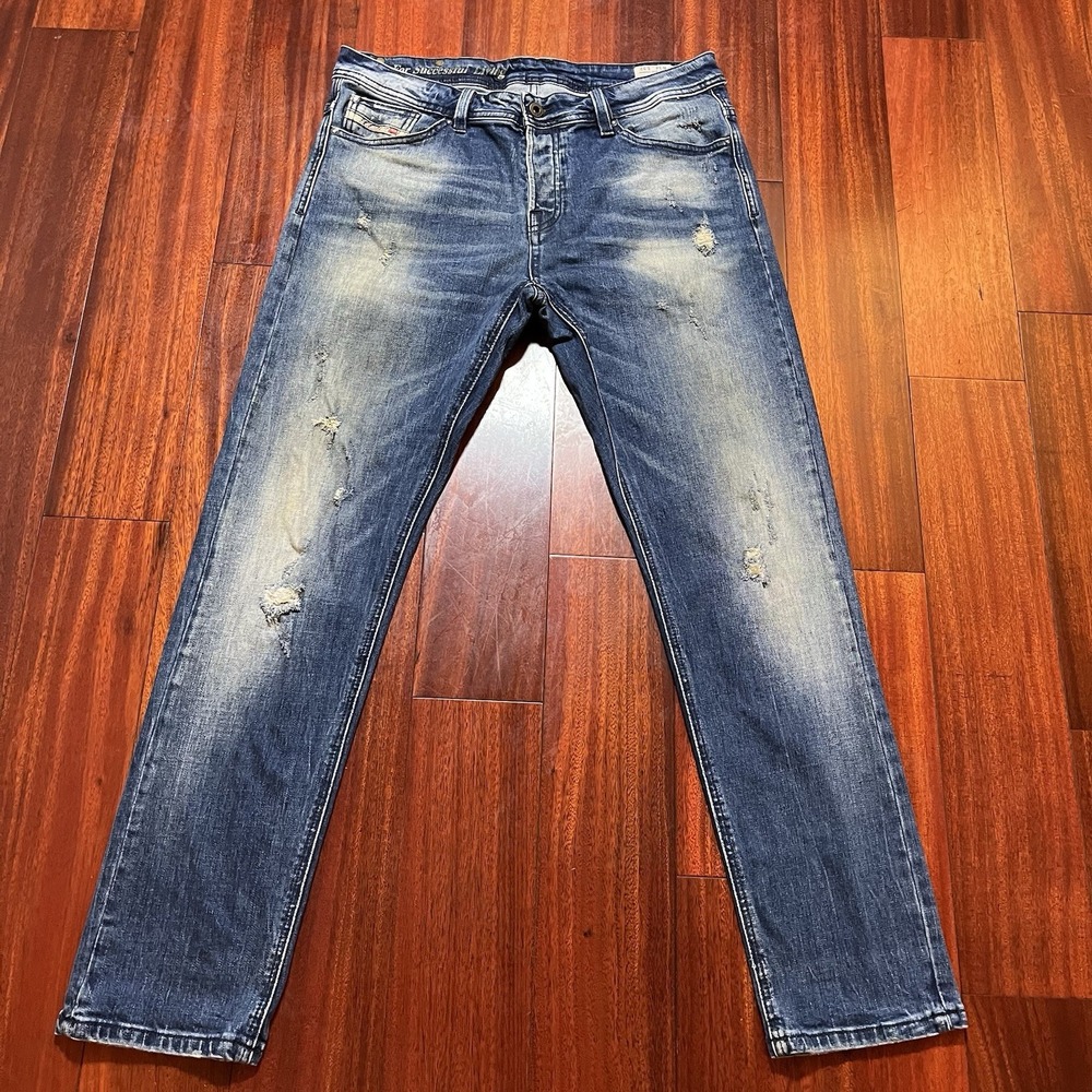 Diesel Jeans Mens 34x32 Blue Medium Wash Thavar Slim Skinny Distressed Grunge